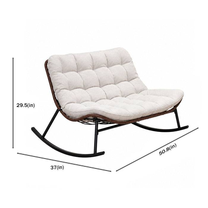 Double Wide Rocking Papasan Chair, 2 Person Outdoor Lounge Seating - Acacia Wood / Beige