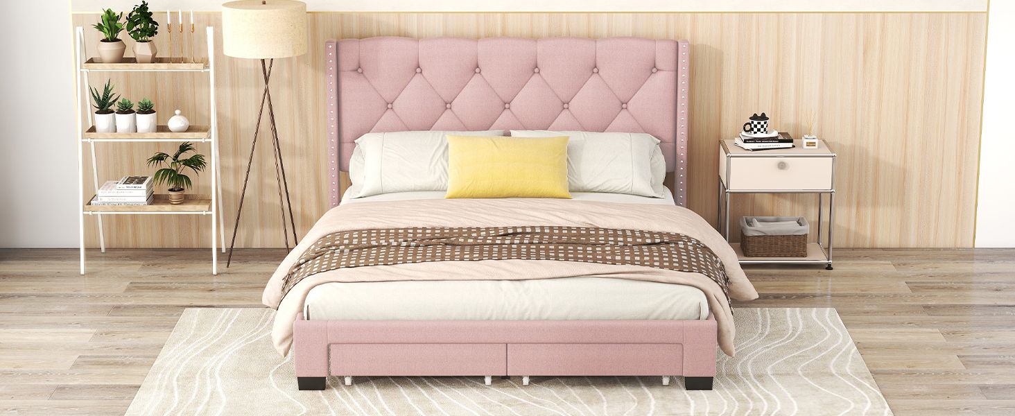 Queen Size Storage Bed Linen Upholstered Platform Bed & Two Drawers - Pink