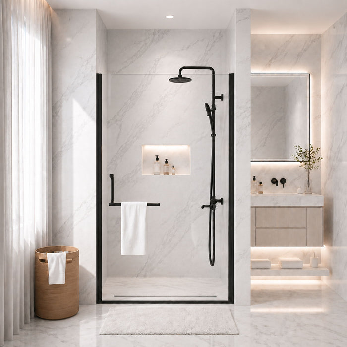 Semi-Frameless Pivot Shower Door With Adjustable Width, Reversible Installation