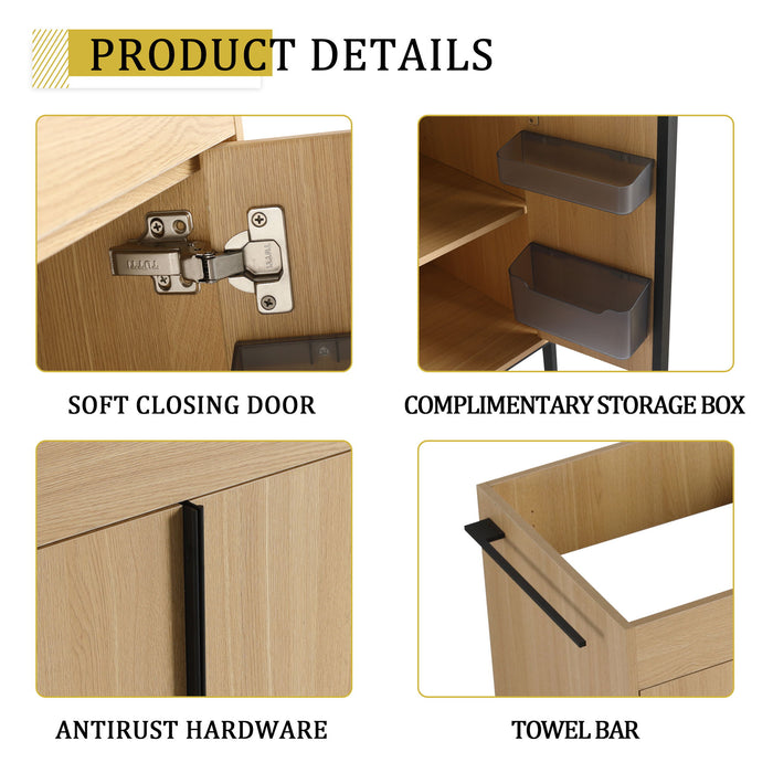 58" Freestanding Bathroom Cabinet With 4 Soft Close Doors & 3 Open Racks (Vanity Only, No Sink) - Oak