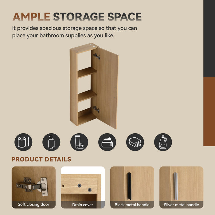 Double Sink Bathroom Vanity Set With Tall Linen Cabinet, Extra Large Storage, Integrated Sink, Freestanding Cabinet - Light Oak / White