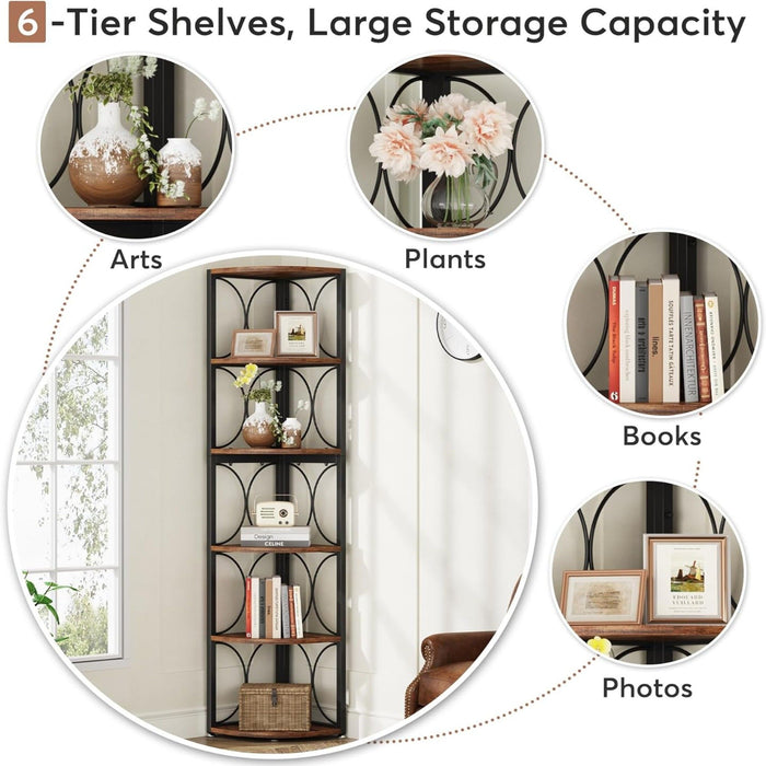 Tall 6 Tier Corner Bookshelf Storage Rack For Living Room - Rustic Brown