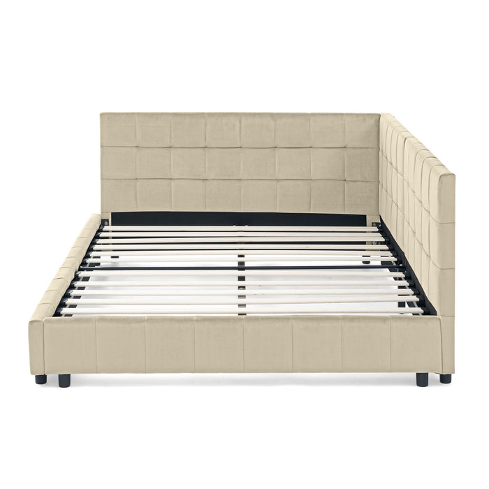 Mid-Century Storage Upholstered Tufted Bed Frame With Backrest And Armrests