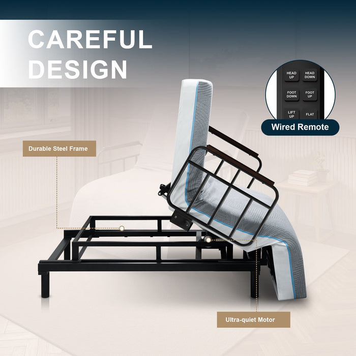 Electric Lift Bed For Seniors With Remote Control, Memory Foam Mattress, Safety Rails & Detachable Tray - Black / Gray