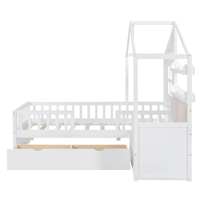 House Bed With Sofa, Kids Platform Bed With 2 Drawers And Storage Shelf