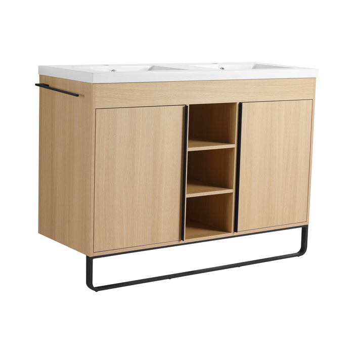 48" Freestanding Bathroom Vanity With Double Sink, 2 Soft Close Doors & 3 Open Shelves - Oak
