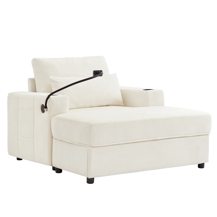 Modern Style Armchair Chaise Lounge Sofa Couch With Movable Storage Ottoman, USB Ports, Cup Holders, Phone Holder, Side Pockets