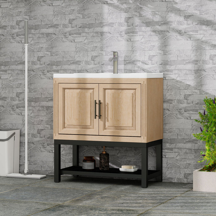 Modern Freestanding Bathroom Vanity With Ceramic Sink, Hot And Cold Faucet, Storage Cabinet & Open Shelf