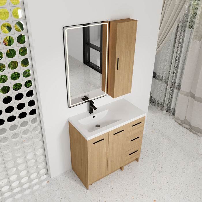 Freestanding Bathroom Vanity Set With Tall Linen Cabinet, 3 Drawers And Large Storage, Single Sink