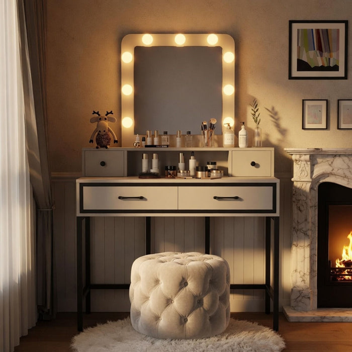 Vanity Desk With 3 Color Lighted Mirror And 4 Drawers
