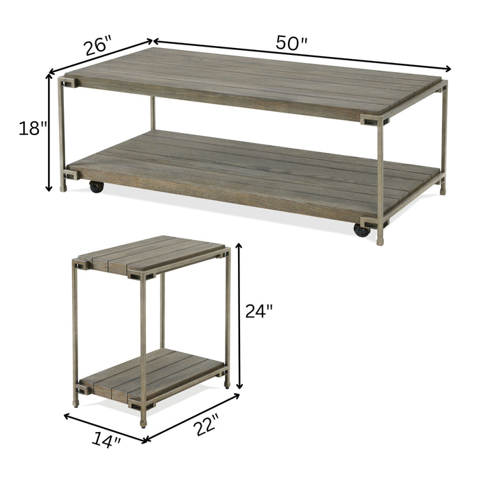 Corbeta - 3 Piece Metal Frame Wood Living Room Coffee Table And 2 Chairside Tables Set, Aged Graphite - Brown