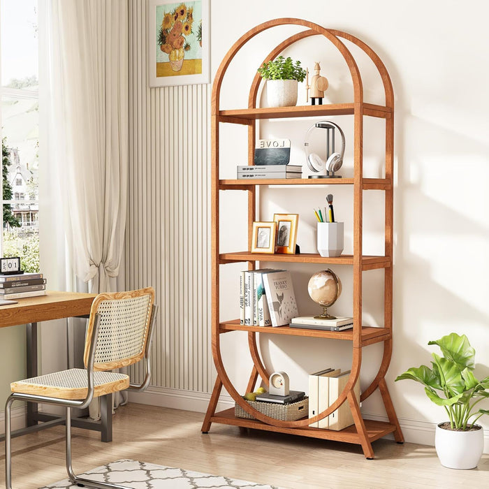Arched 5 Tier Open Bookshelf For Office - Brown