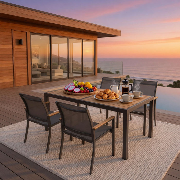 5 Piece Gray Aluminum Patio Dining Set With Textilene Chairs For Outdoor Use