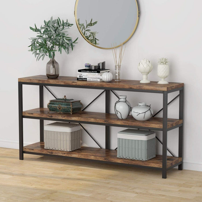 Console Table With 3 Tier Storage Shelves Finish, Slim Narrow Design For Living Entryway - Brown / Black