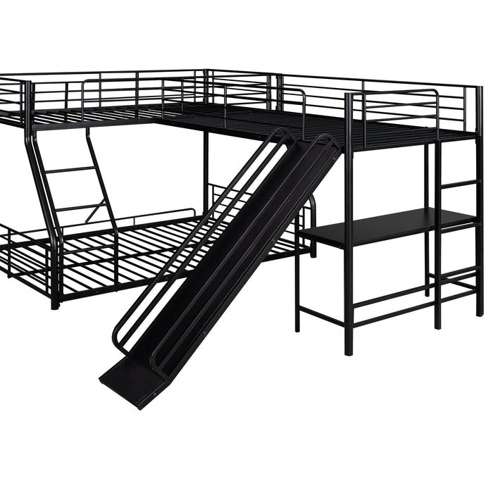 L-Shaped Twin Over Full Bunk Bed With Twin Loft, Built In Desk And Slide - Black