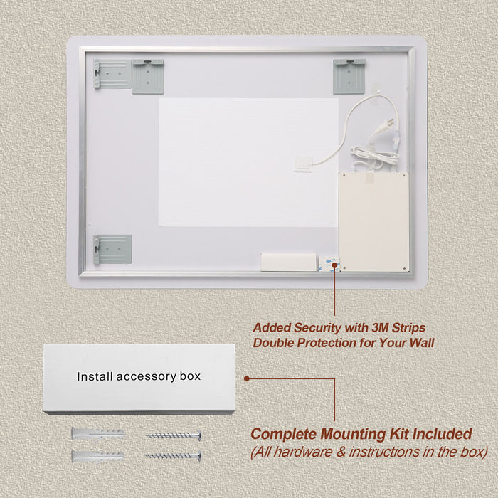 Wall Mounted LED Lighting Mirror With 3 Color Lighting, Dimming, Waterproof, Anti Fog, Touch Switch - Silver