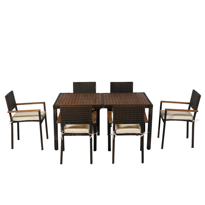7 Piece Outdoor Patio Wicker Dining Set Patio Wicker Furniture Dining Set With Top - Brown / Cream