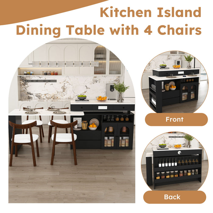 Retro Kitchen Island Set With Chairs, Extendable & Rotating Table, 4 Drawers & Door Cabinets