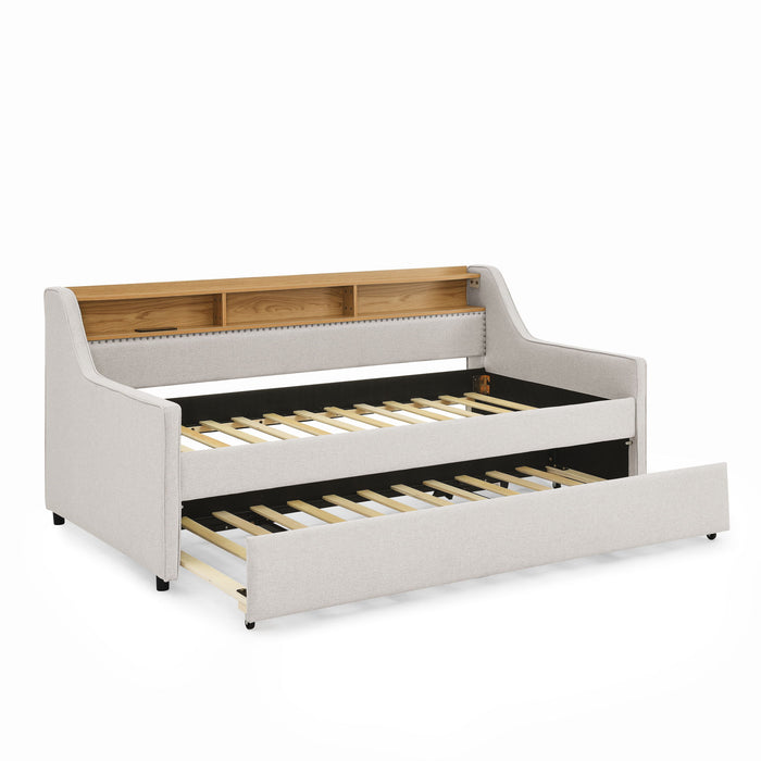 Upholstered Sofa Bed With LED Lights, Storage Headboard, Foldable Trundle & Wireless Charging