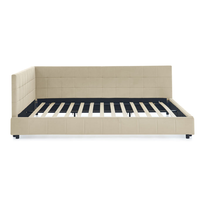Mid-Century Storage Upholstered Tufted Bed Frame With Backrest And Armrests