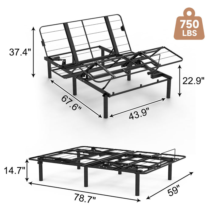 Zero Clearance Adjustable Bed Base Frame With Quiet Motor And Dual USB Ports, Queen Size - Black