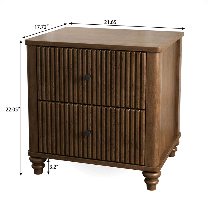 Mid Century Modern Fluted Nightstand 2 Piece Set With 3 Drawers - Walnut