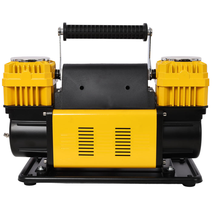 Heavy Duty 12V Dual Cylinder Air Compressor, Tire Inflator With Gauge - Yellow / Black