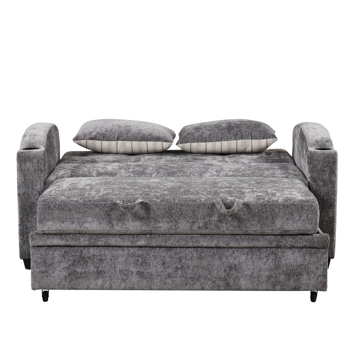 Pull Out Loveseat Sofa With Adjsutable Backrest, 2 Pillows, Cup Holders, USB Ports For Living Room