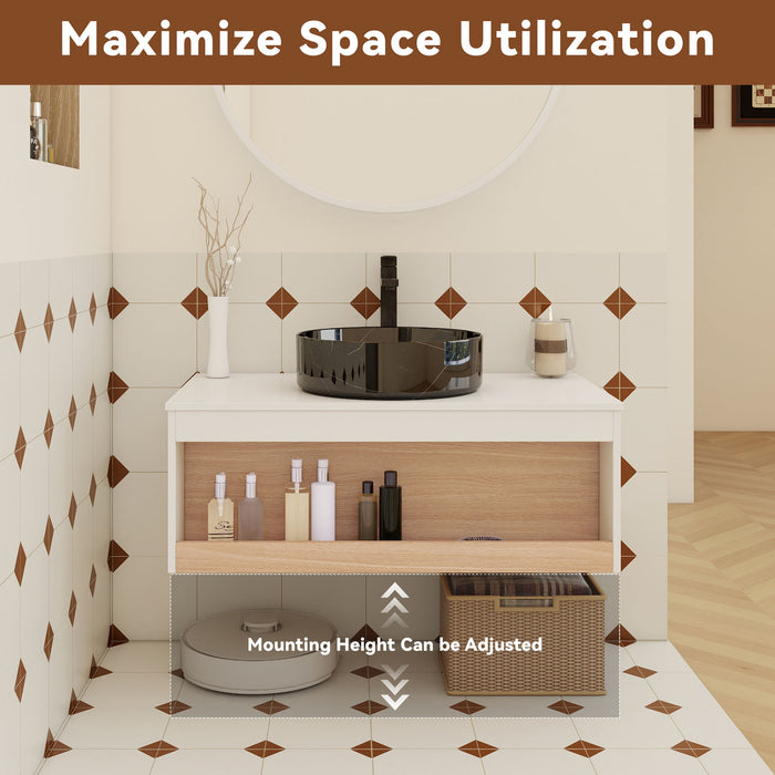 Floating Bathroom Vanity With Vessel Sink With Open Shelf Storage