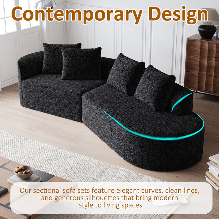 Upholstered Oversized Sectional Sofa, 4 Seater Extra Deep & Wide Curved Cloud Couch With 4 Throw Pillows For Living Room - Black