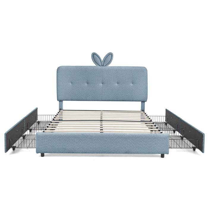 Upholstered Bed With Oversized Rabbit Ear Headboard, LED Lights & 4 Storage Drawers