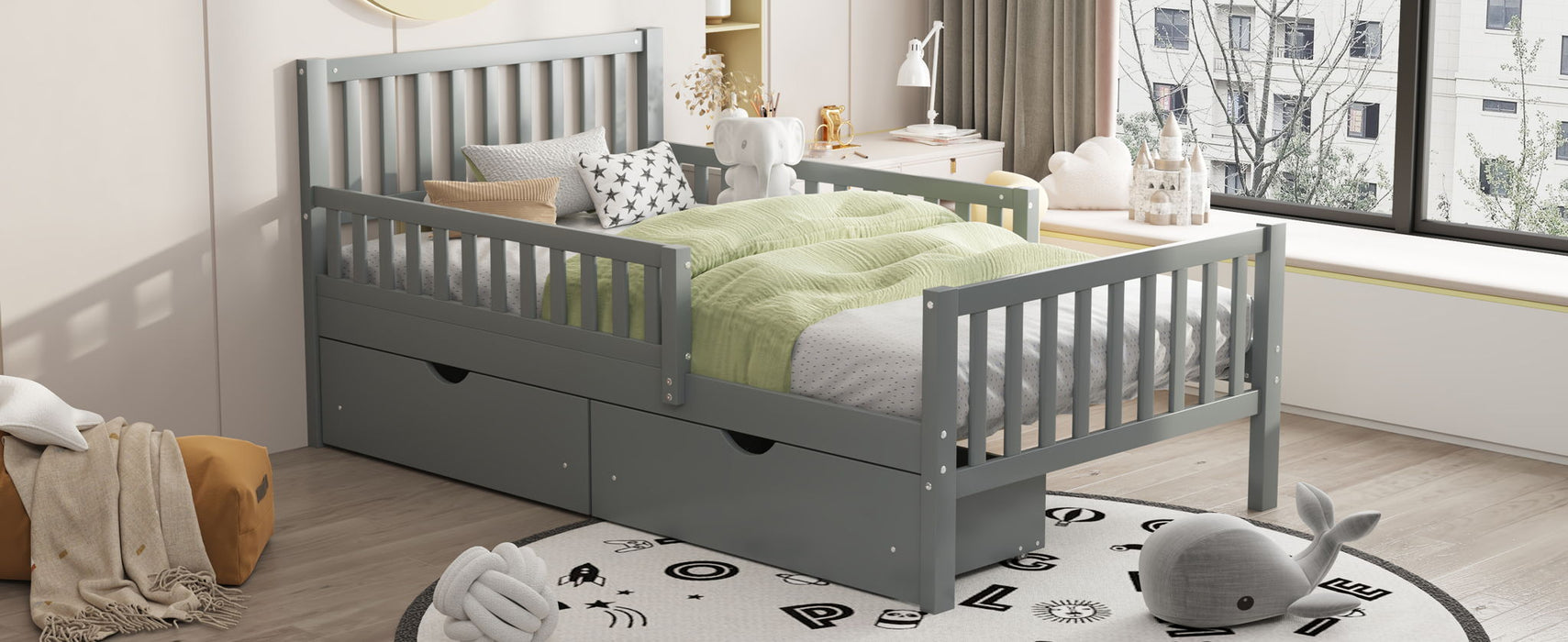 Platform Bed With Guardrails On Both Sides And 2 Storage Drawers