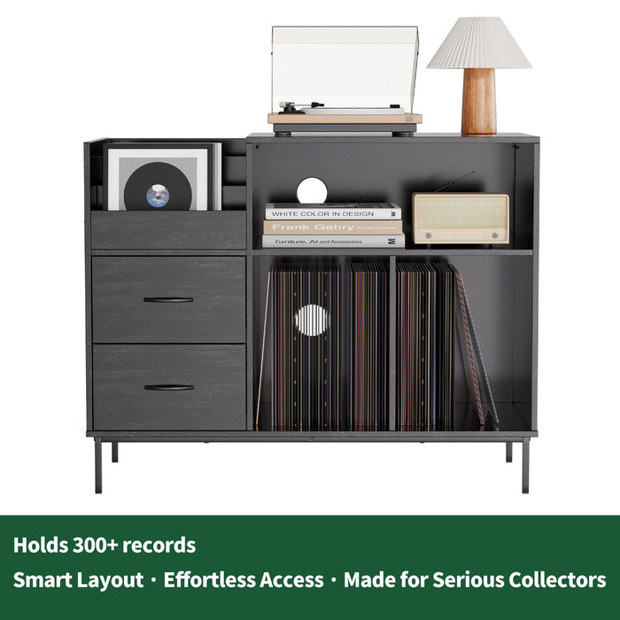 Eco-Friendly Vinyl Record Player Stand With Flip-Top Storage, Media Console With Dual Outlets And Dustproof Drawers
