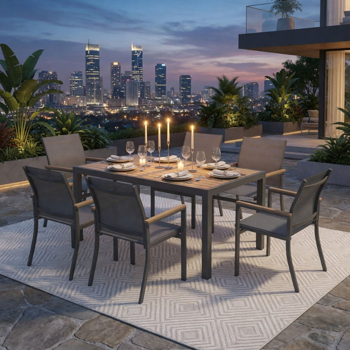 7 Piece Gray Aluminum Patio Dining Set With Textilene Chairs For Outdoor Living Frame With Accents, 59" Rectangle Table, All Weather Durable