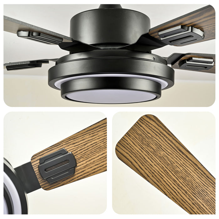 5 Blades Ceiling Fan With LED Light 3000 - 6500K Dimmable, 6 Speed Levels, Reversible Ceiling Fan - Matte Black