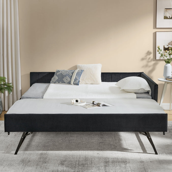Full Size Upholstered Daybed With Trundle, Tufted Backrest And Armrests - Black