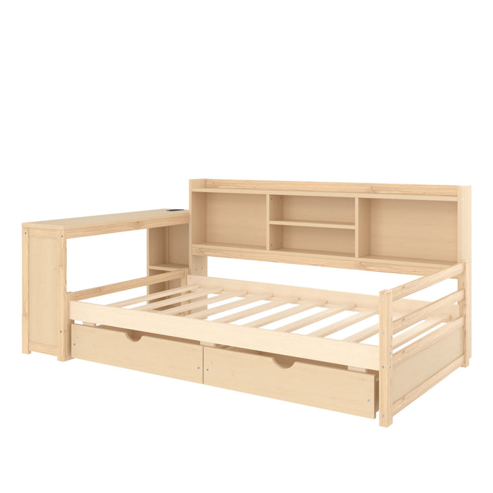 Corner Daybed With Storage Drawers, Desk, Charging Port & Bookcase