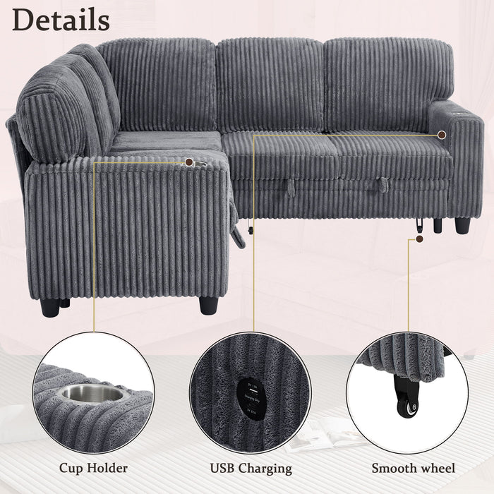 L-Shaped Sofa With Pull Out Sofa Bed With USB