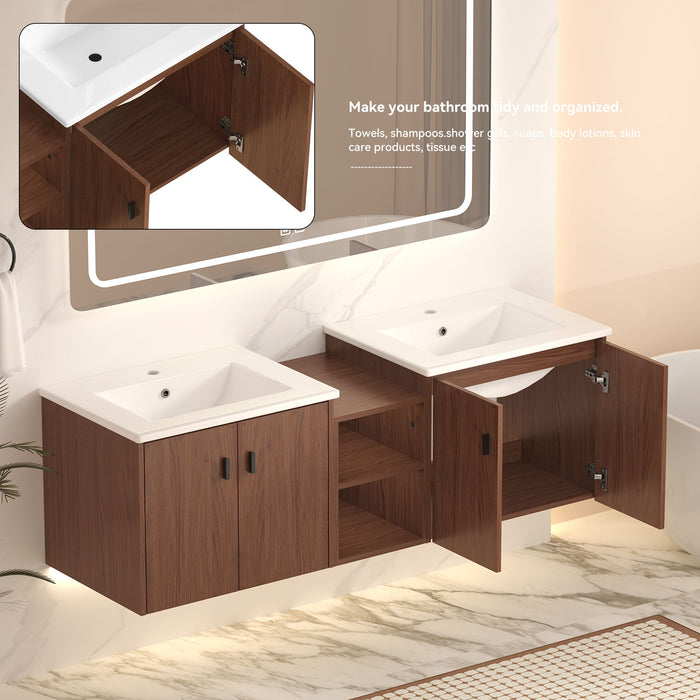 Soft Close Doors Bathroom Vanity With Small Storage Shelves, 24" And 12" Combination Cabinet - Reddish Brown