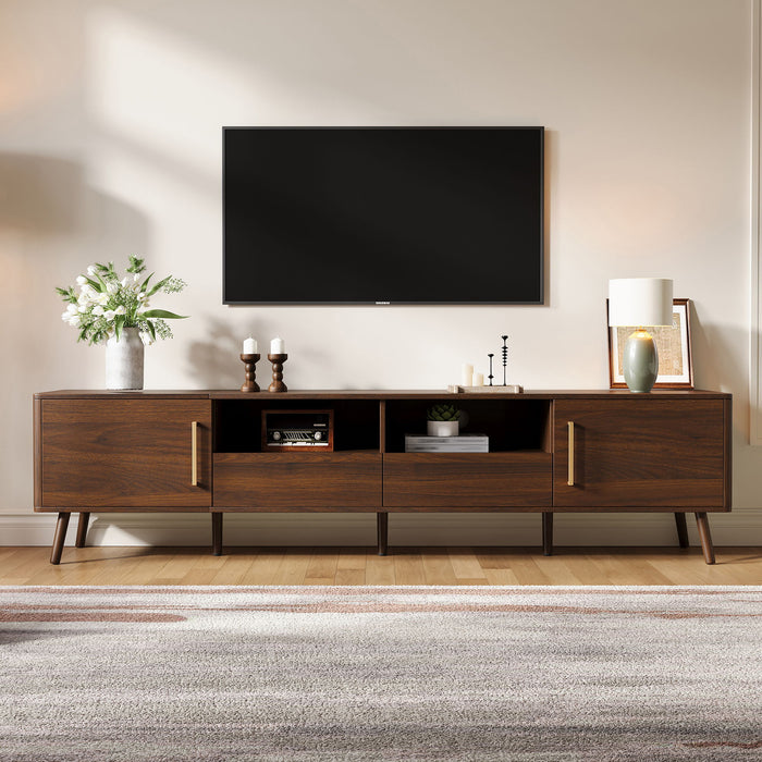 78" TV Stand For 85" TVs With Soft Close Doors, Open Shelf - Walnut