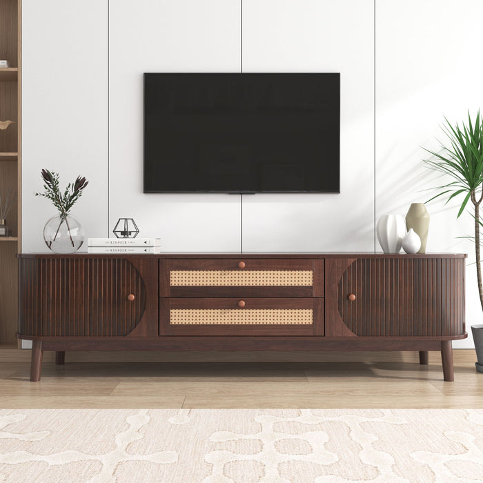 TV Stand For TVs Up To 75'', Cabinet With Drawers And Sliding Doors, Living Room Entertainment Console - Natural Wood / Brown