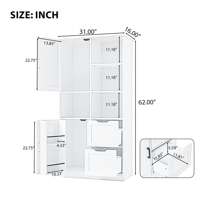 Freestanding Bathroom Storage Cabinet With Doors And Drawers, Adjustable Shelf, Open Shelves - White