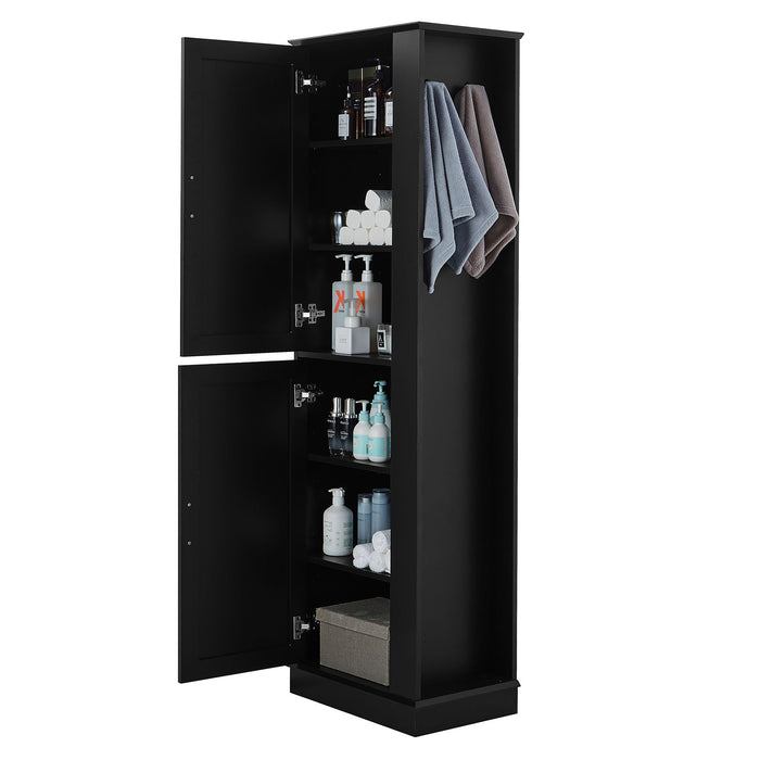 Tall Freestanding Bathroom Storage Cabinet With Adjustable Shelves And Side Hooks