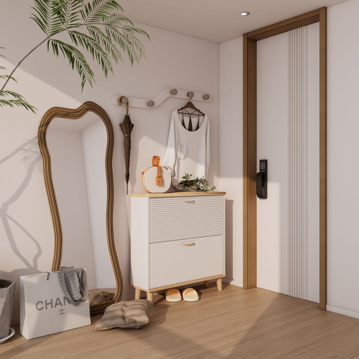 Narrow - Entryway Shoe Storage Cabinet With 2 Flip Drawers Legs - Natural / White