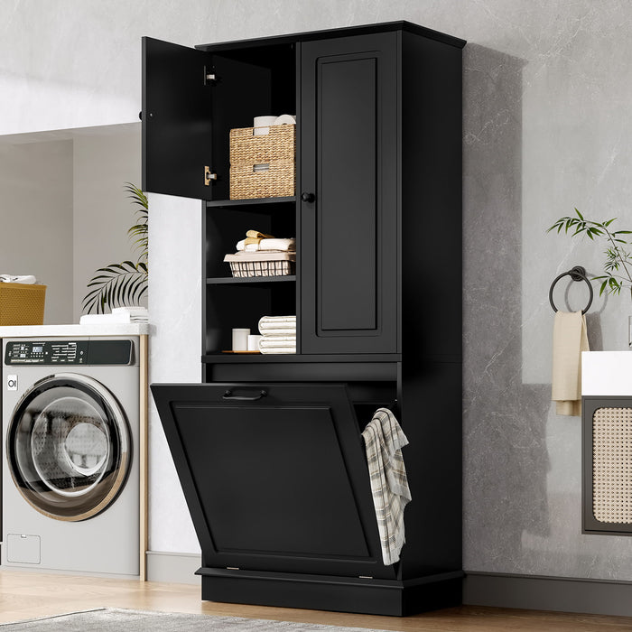 Modern Tall Storage Cabinet With Adjustable Shelves, Flip-Out Basket & Enclosed Doors