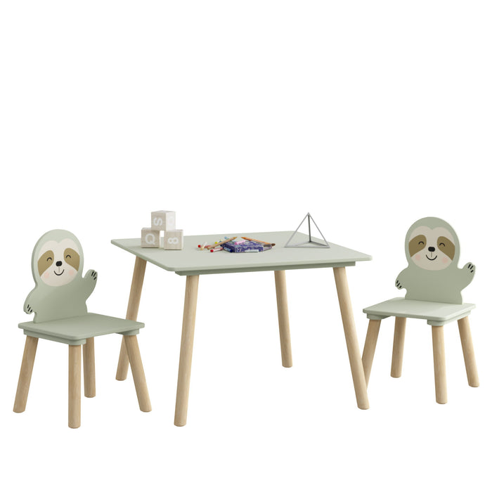 Sloth Themed Table And Chair Set With 2 Cute Animal Chairs - Natural Wood / Sage Green
