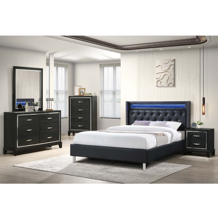 Modern Bed With LED Lights, Charging Port, Tufted Headboard