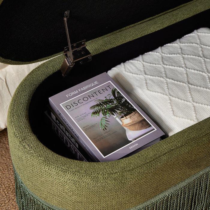 Oval Upholstered Storage Ottoman With Fringe Trim & Lift Top Lid