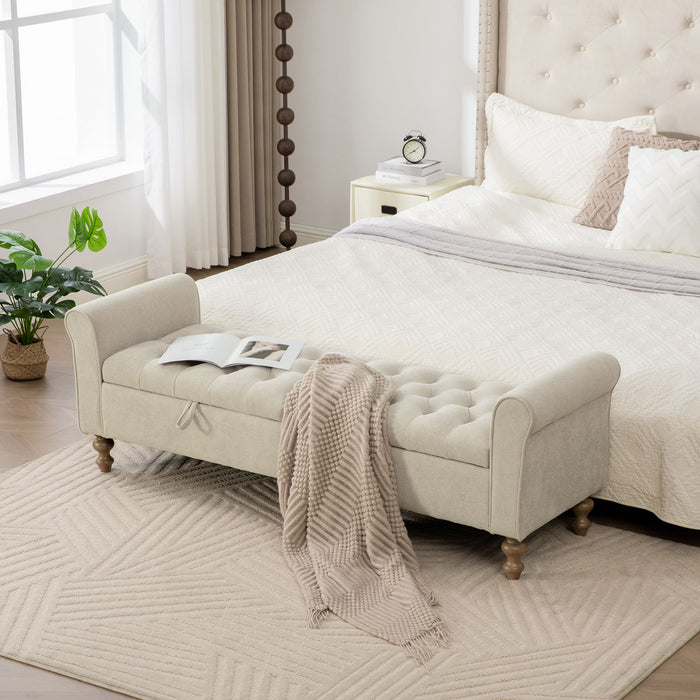 Napped Storage Bench With Rolled Armrest - Griege