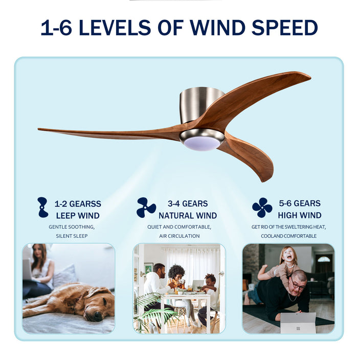 Flush Mount Fan Light, 3 Blades Ceiling Fan With Lights Remote Control, Quiet DC Motor, 6 Speed - Nickel